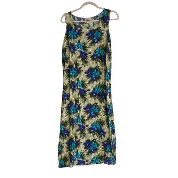 Vintage 80s Blue Green Hawaiian Floral Rayon Sheath Sundress Size Medium - Picture 1 of 15